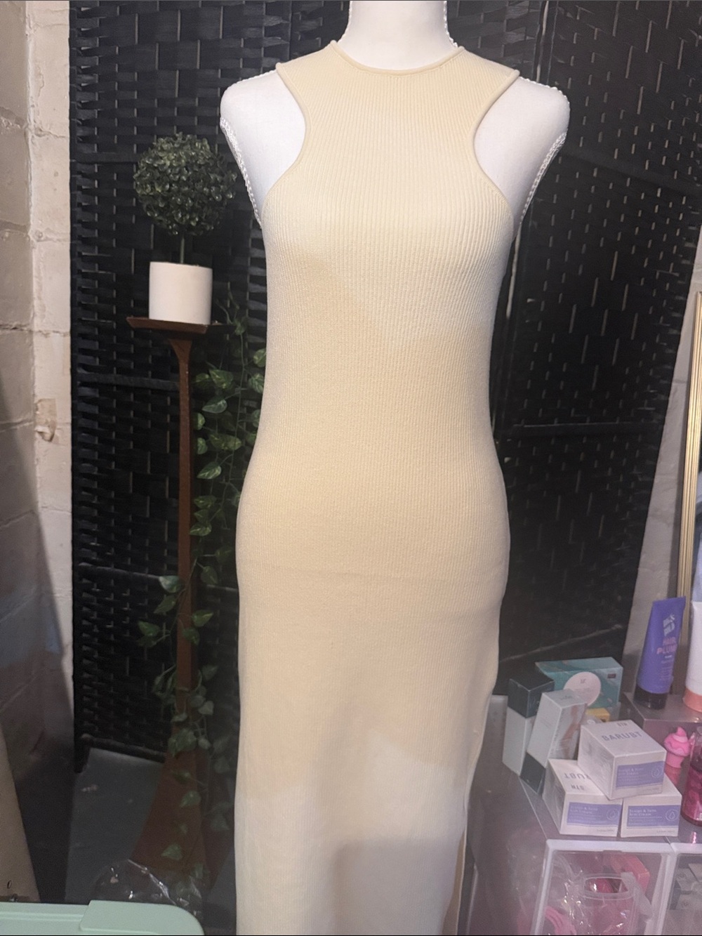 Sleeveless Cream Ribbed Maxi Dress